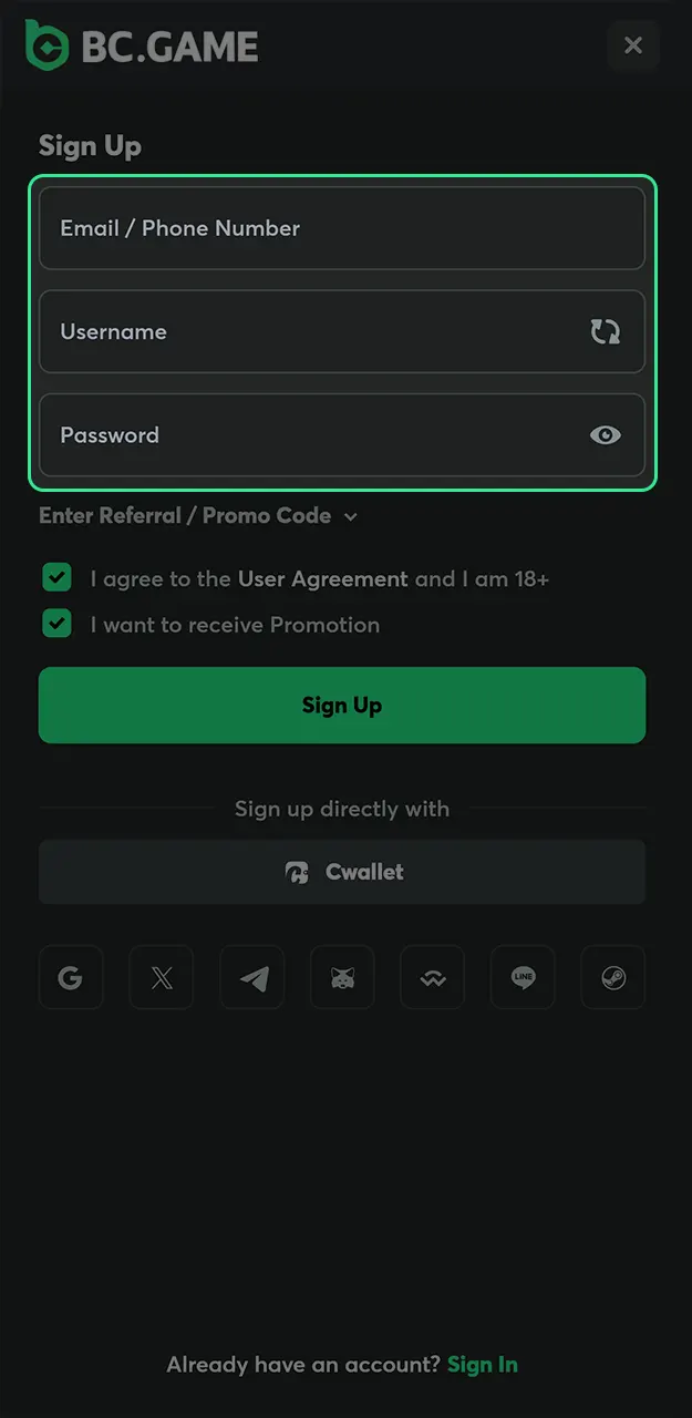 Fill in all fields to successfully create an account on BC Game.