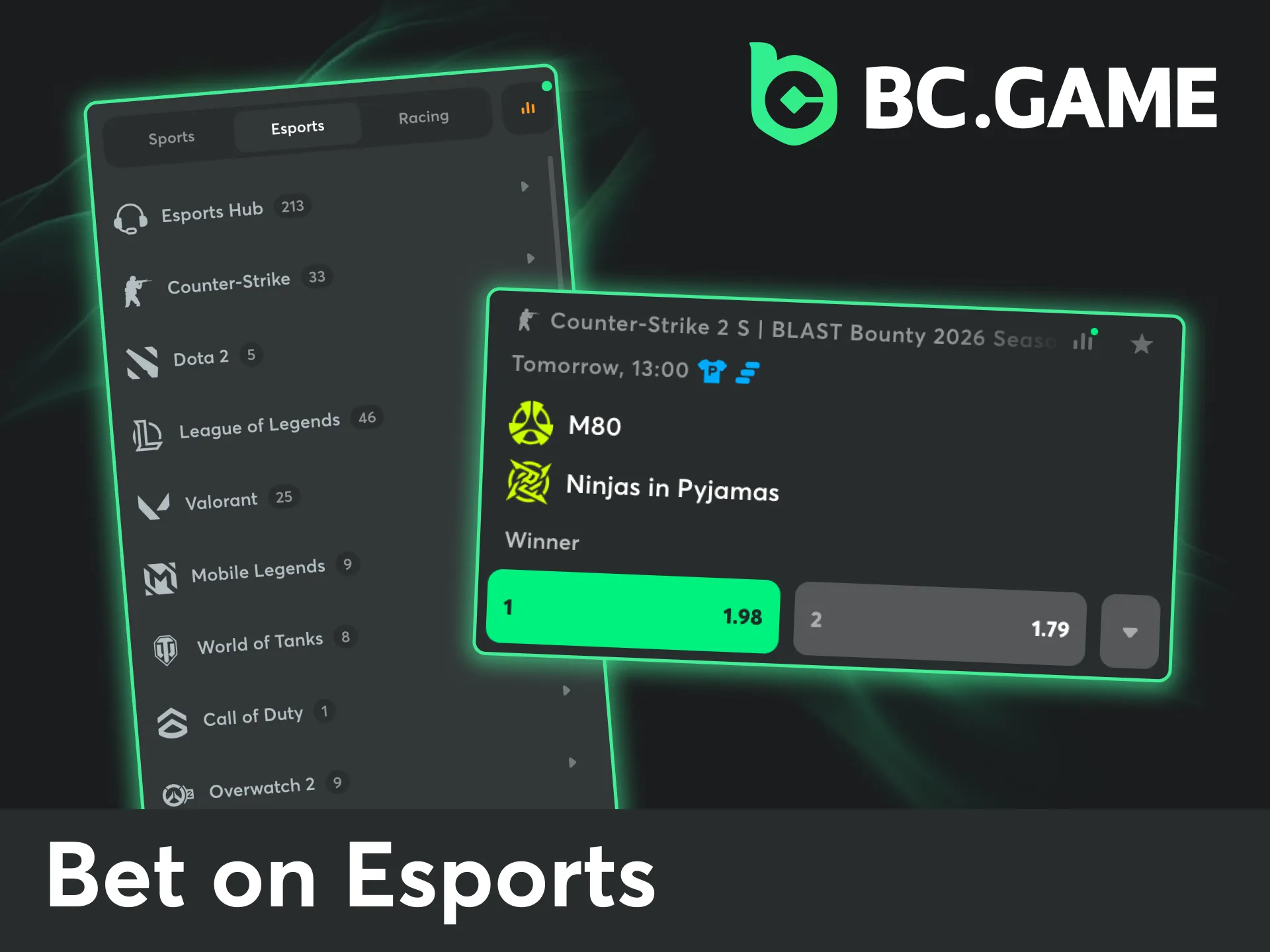 Open the BC Game esports section, choose Counter Strike matches, and place your bets.